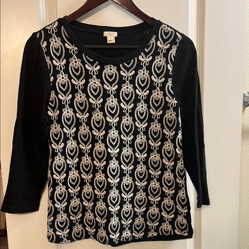 J. Crew Black with Off White Embroidered Design 3/4 Sleeve Knit Top